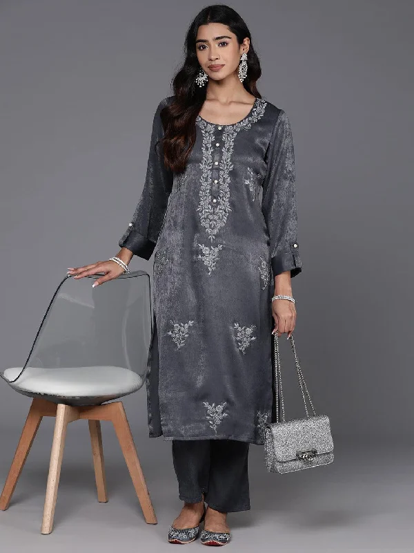 Body Design Grey Embroidered Polyester Straight Kurta Set