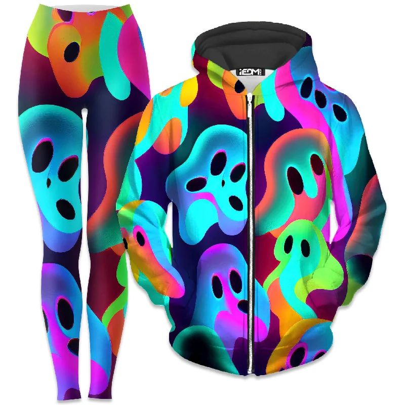 Casual Street Ghostly Zip-Up Hoodie and Leggings Combo