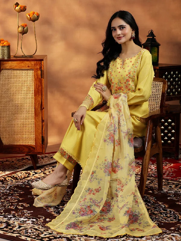 Sexy Fun Yellow Yoke Design Silk Blend Straight Suit With Dupatta