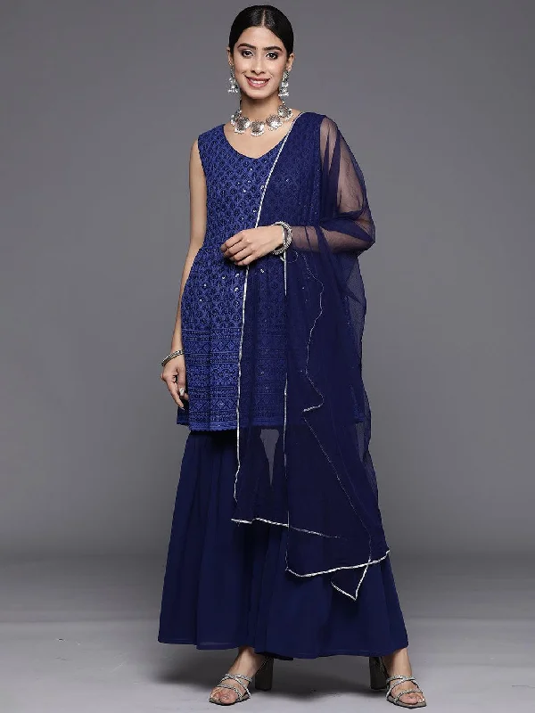 British Fashion Navy Blue Embroidered Georgette A-Line Sharara Suit Set With Dupatta