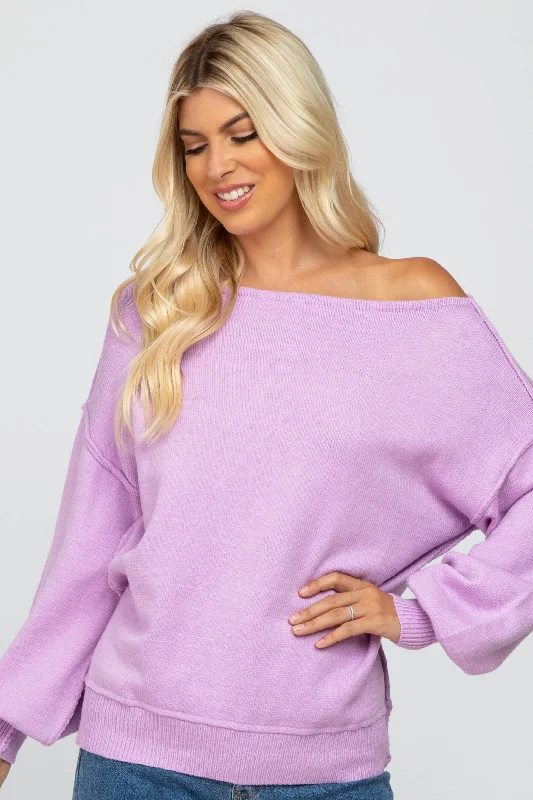 Fresh And Natural Lavender Boat Neck Bubble Sleeve Sweater