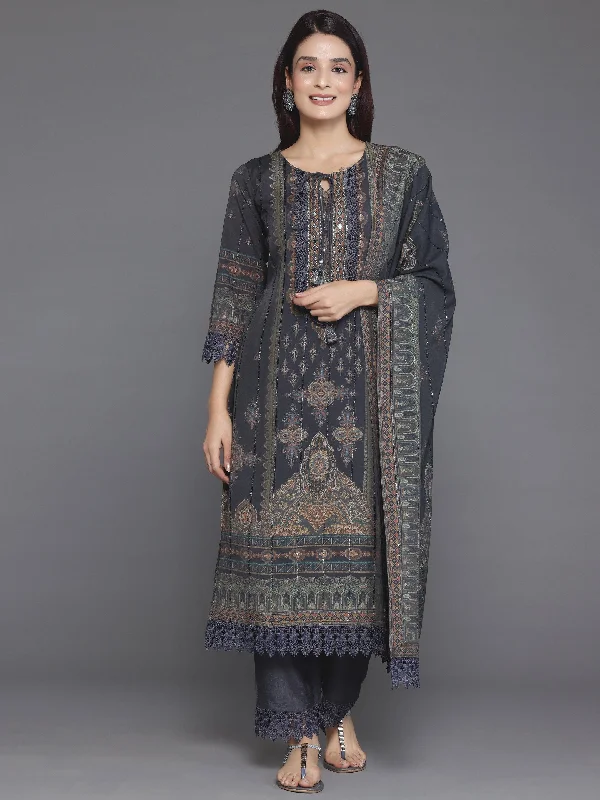 Personalized Clothing Grey Printed Silk Blend Straight Suit With Dupatta