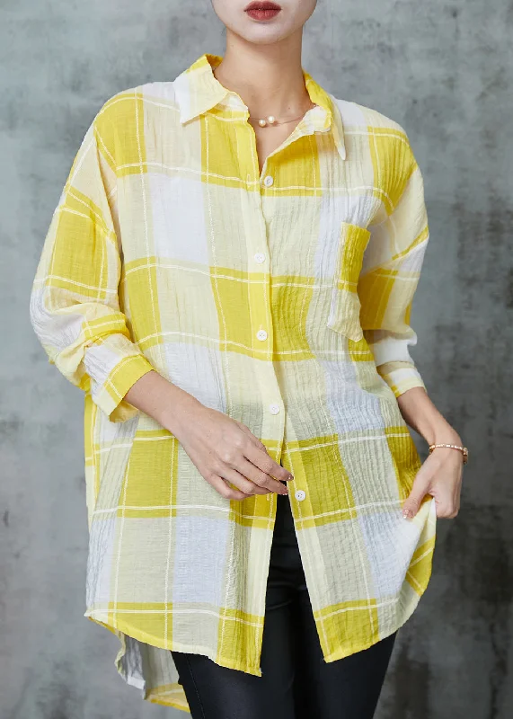 Fresh And Natural Classy Yellow Oversized Plaid Cotton UPF 50+ Tops Spring