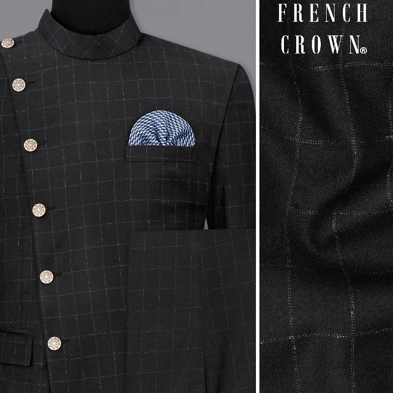 High-quality Styles Log Cabin Black Super fine  Windowpane Cross Placket Wool Rich Bandhgala Suit