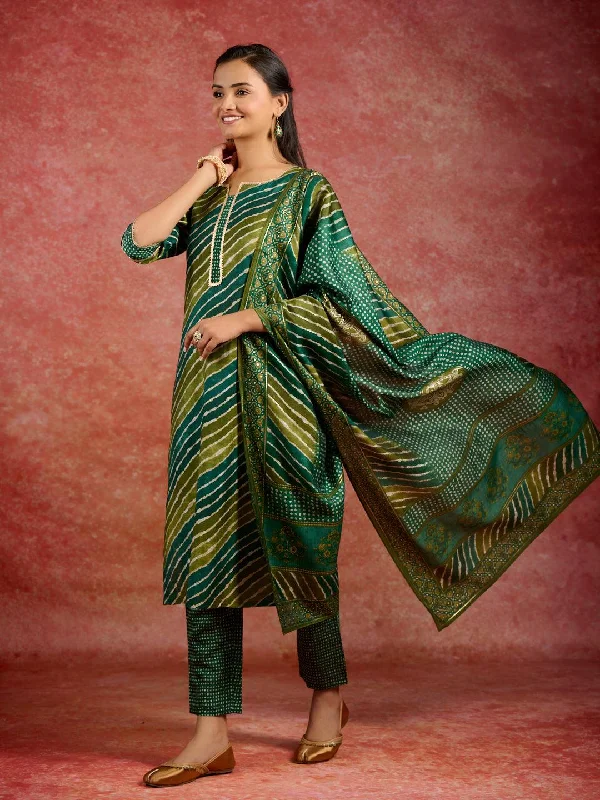 Playful Style Green Printed Silk Blend Straight Suit With Dupatta