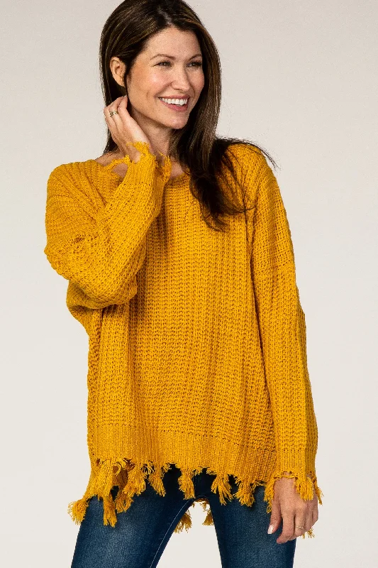 Playful Style Yellow Distressed Fringe Sweater