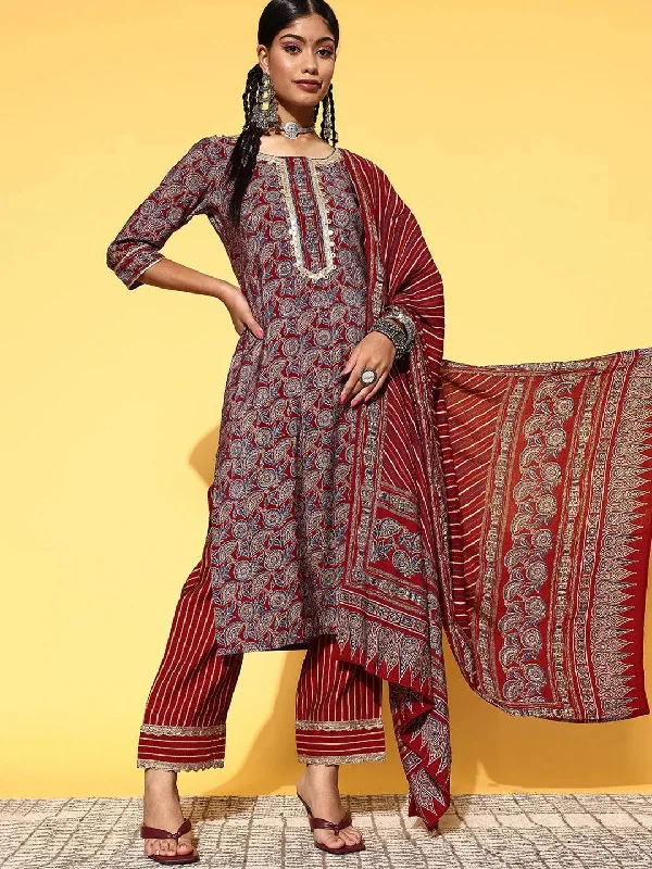 Unique Prints Maroon Printed Silk Blend Straight Kurta With Dupatta