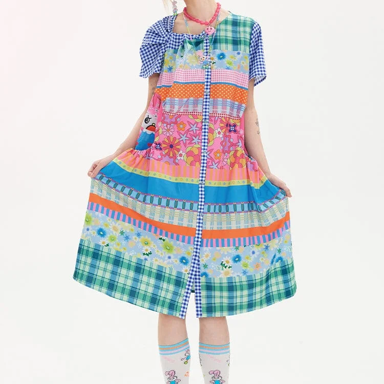 Trendy And Casual Women's Kawaii Knot Patchwork Plaid Dress