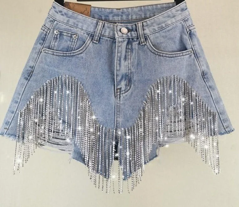 Sexy Fun Diamond Tassels Ripped Jean Shorts