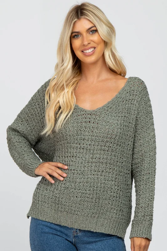 Street Charm Olive V-Neck Side Slit Thick Knit Sweater