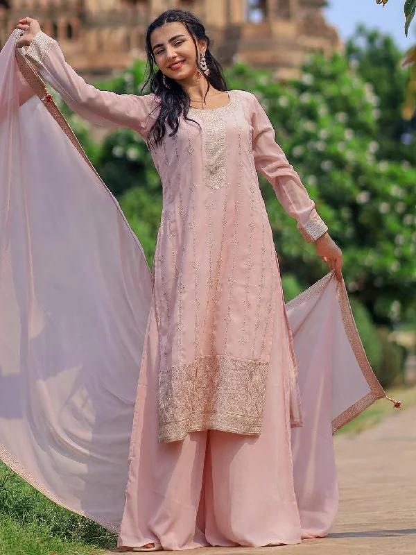 French Style Peach Embroidered Georgette Pakistani Suit