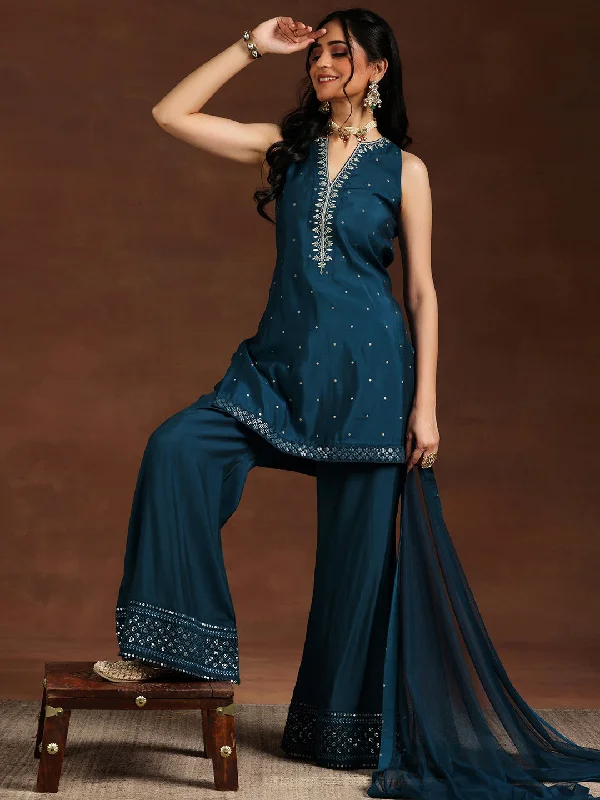 Classic Style Blue Embroidered Silk Blend Straight Suit With Dupatta