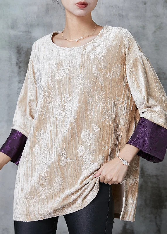 French Style Beige Jacquard Patchwork Silk Velour Shirt Tops Spring