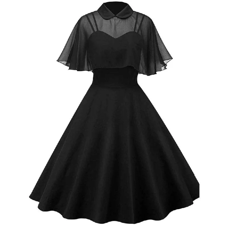 Noble Temperament Women's Gothic Lace Overlaid Cape Black Circle Dress