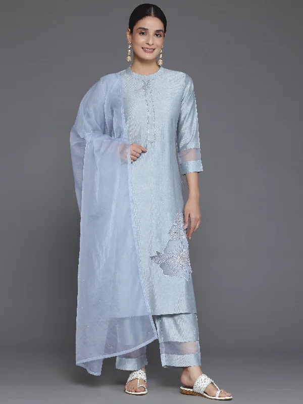 Fashionable And Versatile Grey Solid Silk Blend Straight Suit With Dupatta