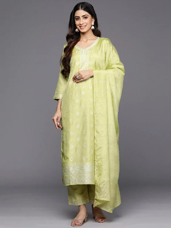 European And American Style Green Self Design Silk Blend Straight Kurta With Trousers & Dupatta