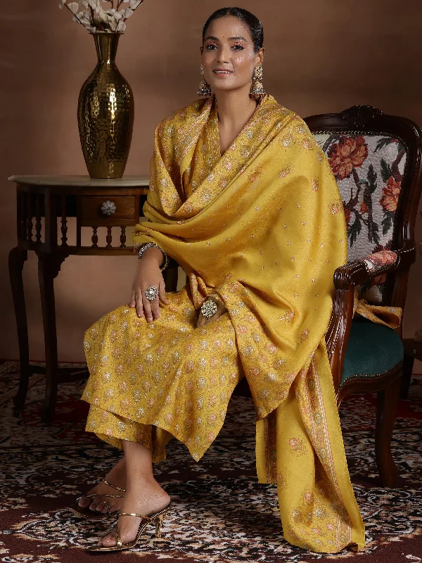 Cute Design Mustard Printed Silk Blend Straight Suit With Dupatta