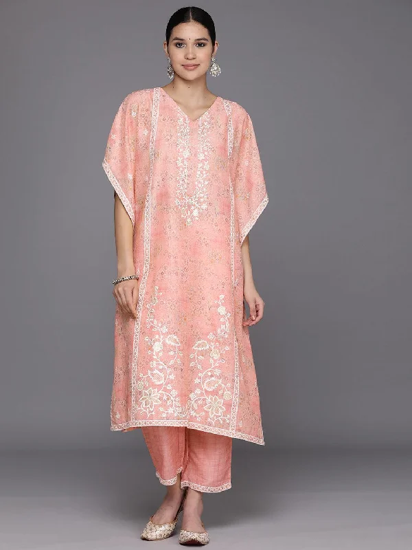 Luxury Temperament Peach Printed Silk Blend Kaftan Kaftan With Trousers