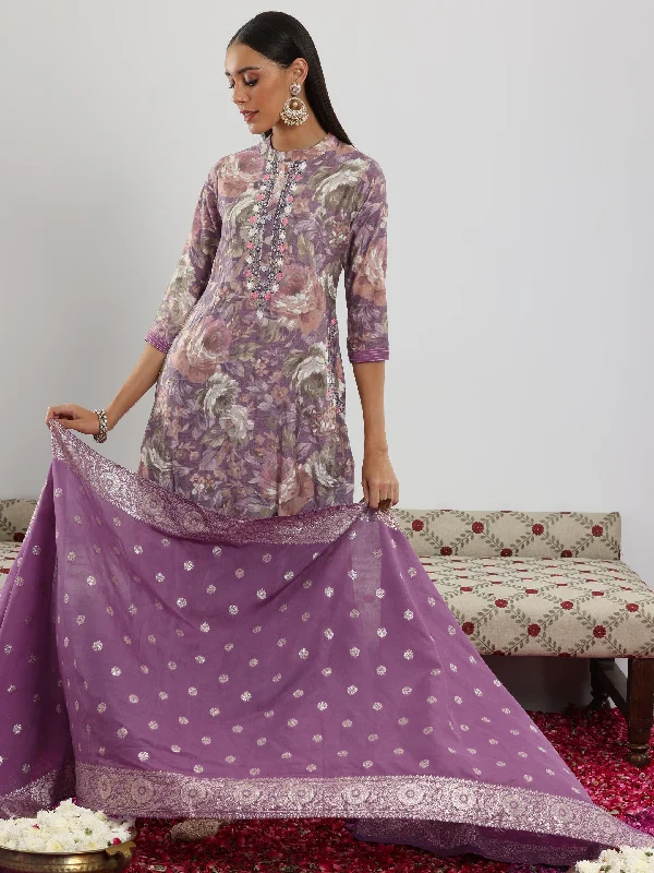 Personalized Design Lavender Printed Silk blend Straight Suit With Dupatta