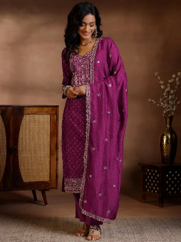 High Street Style Wine Printed Silk Blend Straight Suit With Dupatta