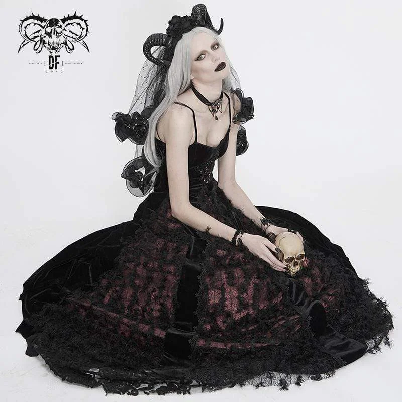 High-quality Styles Women's Vintage Gothic Wedding Dresses Black and Red Velvet and Lace Ankle Length Dresses