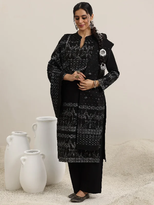 Age-reducing Style Black Printed Wool Blend Straight Suit With Dupatta