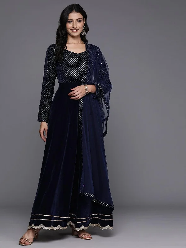 Fashion Style Blue Embroidered Velvet Anarkali Suit With Dupatta