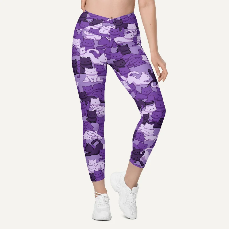 Warm And Comfortable Cats Camouflage Purple Crossover Leggings With Pockets