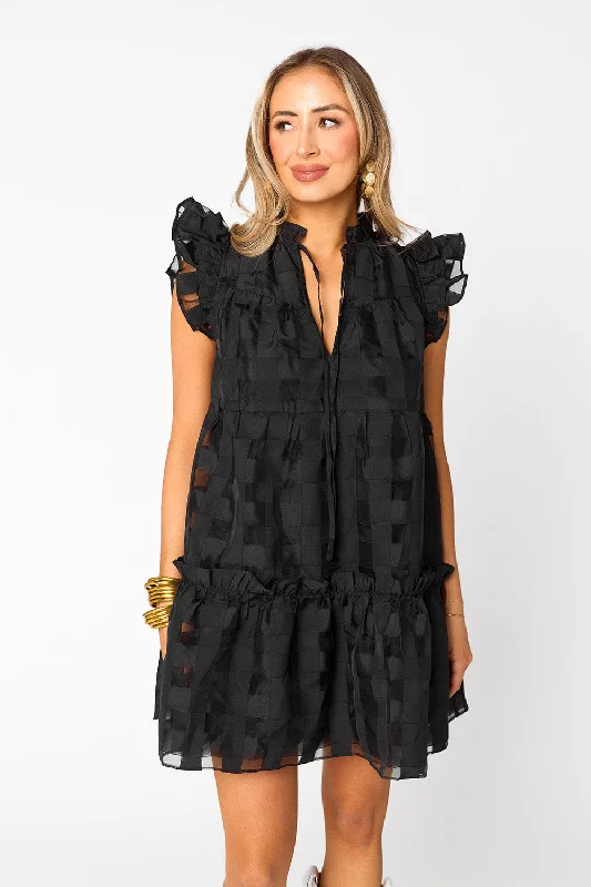 Elegant Design Aubrey Ruffle Shoulder Short Dress - Black