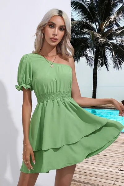 New Products Layered Single Shoulder Flounce Sleeve Mini Dress