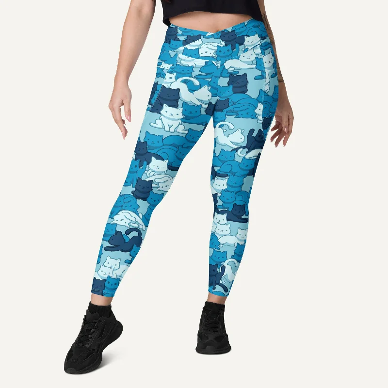 Elegant And Charming Cats Camouflage Blue Crossover Leggings With Pockets