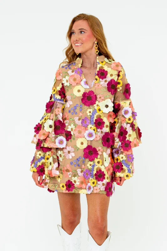 Comfortable And Cold-proof Gayle Long Sleeve Mini Dress - Gerber Daisy