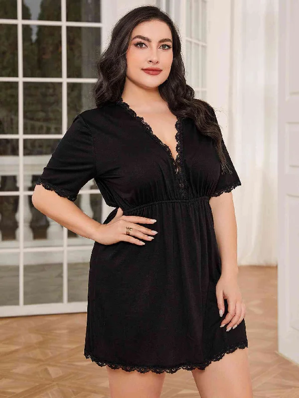 Modern City Plus Size Lace Trim Deep V Night Dress