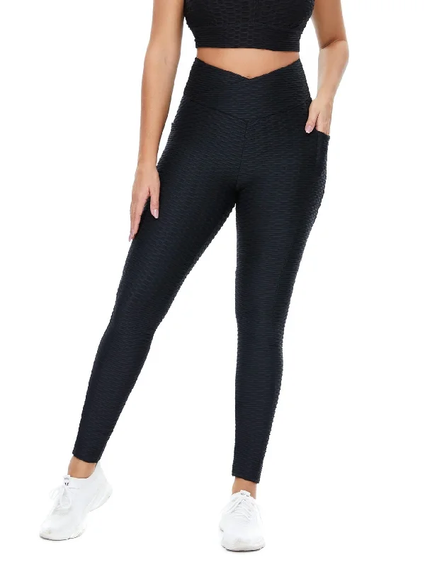 Cute Style Solid Color Four-way Stretch Striped Wide Waistband Sports Leggings With Pocket