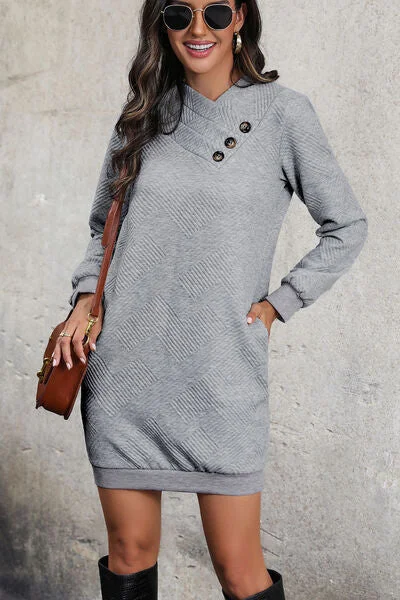 High-end Fabrics Textured Decorative Button Mini Dress