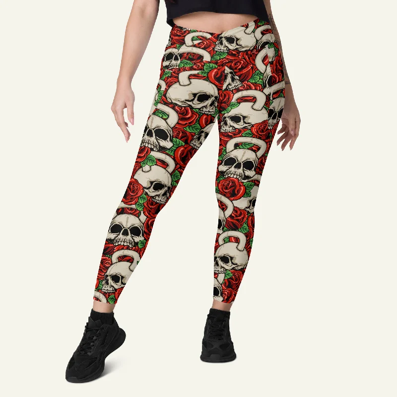 End Of The Year Kettlebell Skull And Roses Crossover Leggings With Pockets