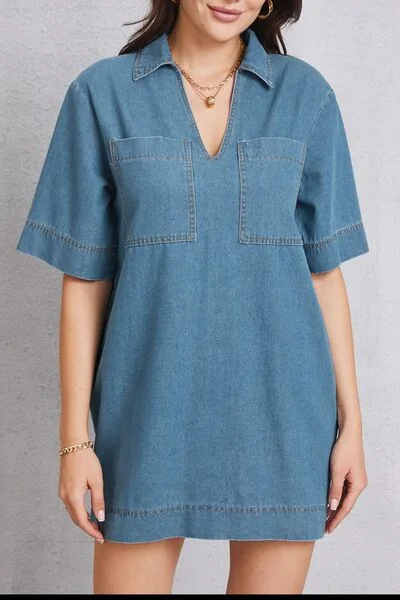 Playful Style Pocketed Collared Neck Mini Denim Dress