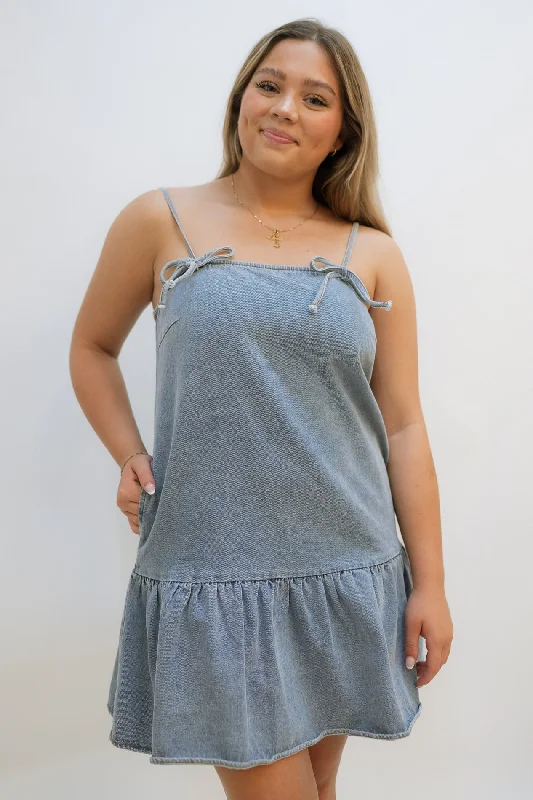 Classic And Versatile Denim Bow Mini Dress