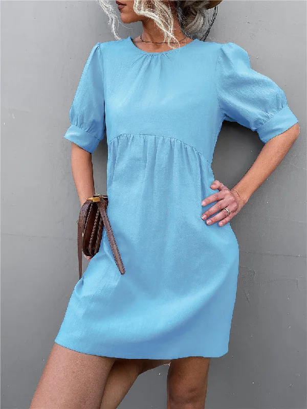 Noble And Elegant Marketa Puff Sleeve Babydoll Dress - Blue