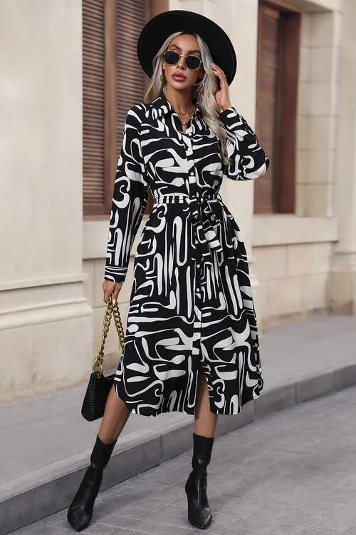 Light And Breathable Printed Tie Front Collared Neck Slit Shirt Dress