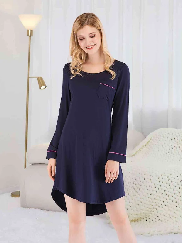 Fresh And Simple Round Neck Night Dress with Pocket