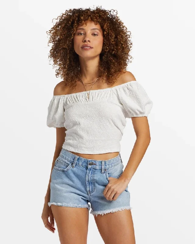 Billabong Women's Tops Cropped Fit Puff Sleeves Elast