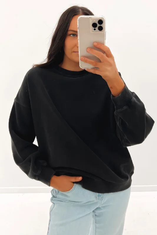 Soft And Comfortable Double-layer Pullover Oversized Crew Washed Black