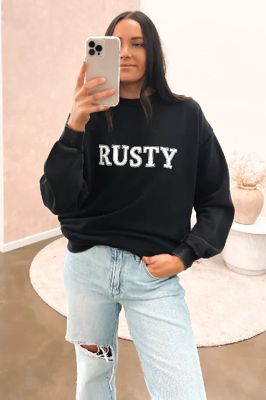 Age-reducing Style Preppy-look Rusty Oversize Crew Fleece Washed Black