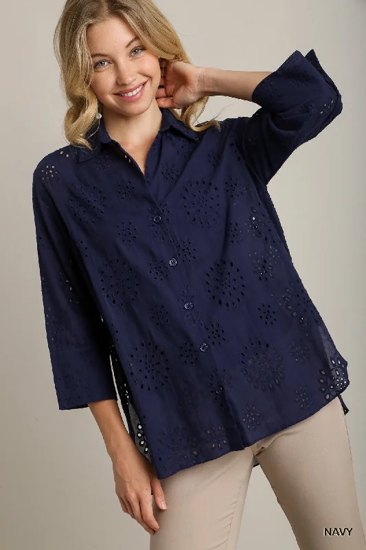 Umgee Women's Tops Down Collared Shirt High Low