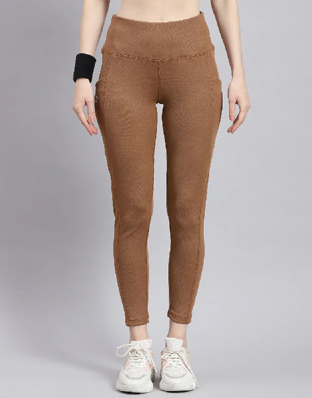 Women Camel Brown Solid Regular Fit Legging