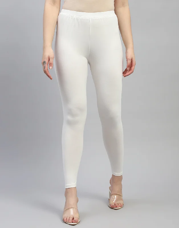 Women Off White Solid Regular Fit Legging