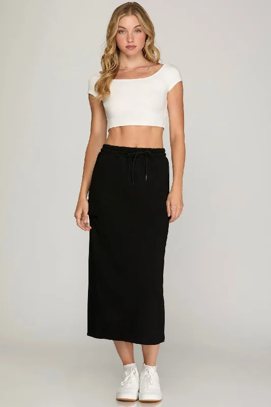 French Terry Knit Cargo Midi Skirt