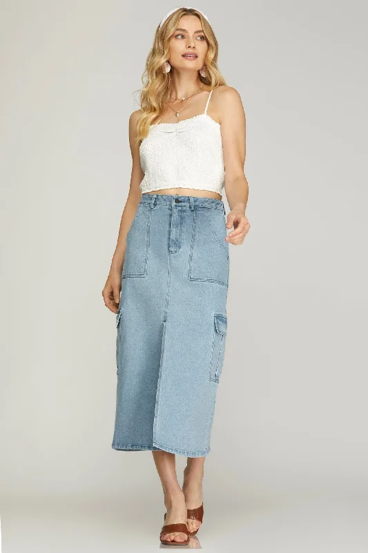 Denim Cargo Midi Skirt