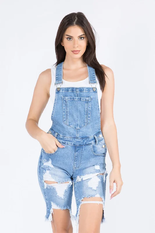 Women's Destroyed Denim Shorts Overalls